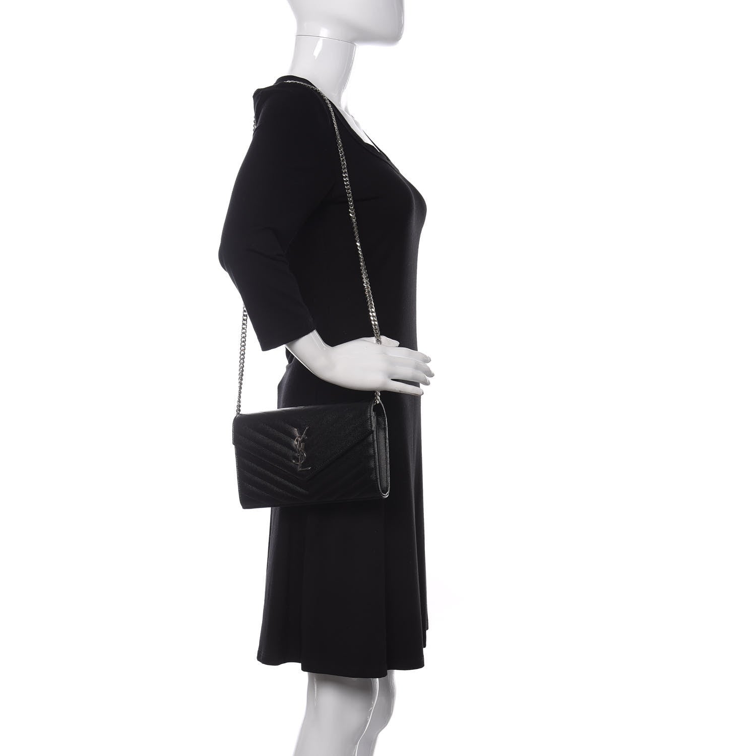 Saint Laurent Grain De Poudre Matelasse Chevron Monogram Chain Wallet Black 2 of 9
