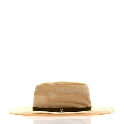 Chanel Straw Grosgrain Ribbon Wide Brim Hat M Beige Green 4 of 9