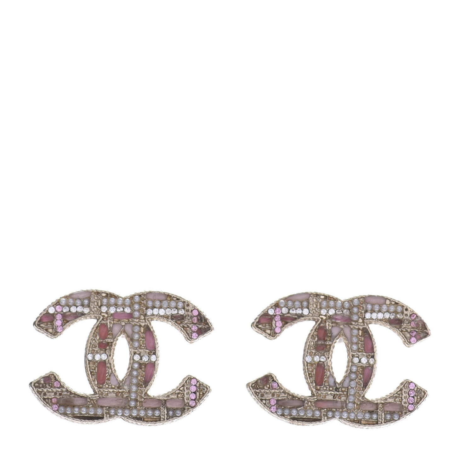 Resin Crystal Pearl Tweed Effect CC Earrings Gold Pink