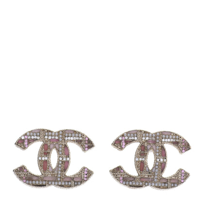 Chanel Resin Crystal Pearl Tweed Effect CC Earrings Gold Pink 1 of 4