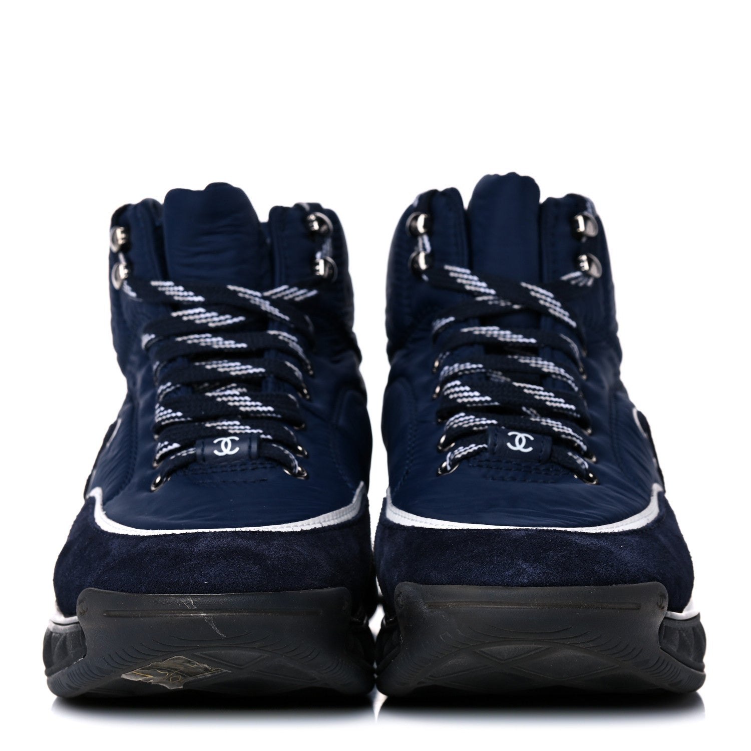 Chanel Fabric Calfskin Suede Womens CC Sneakers 37 Navy 3 of 13