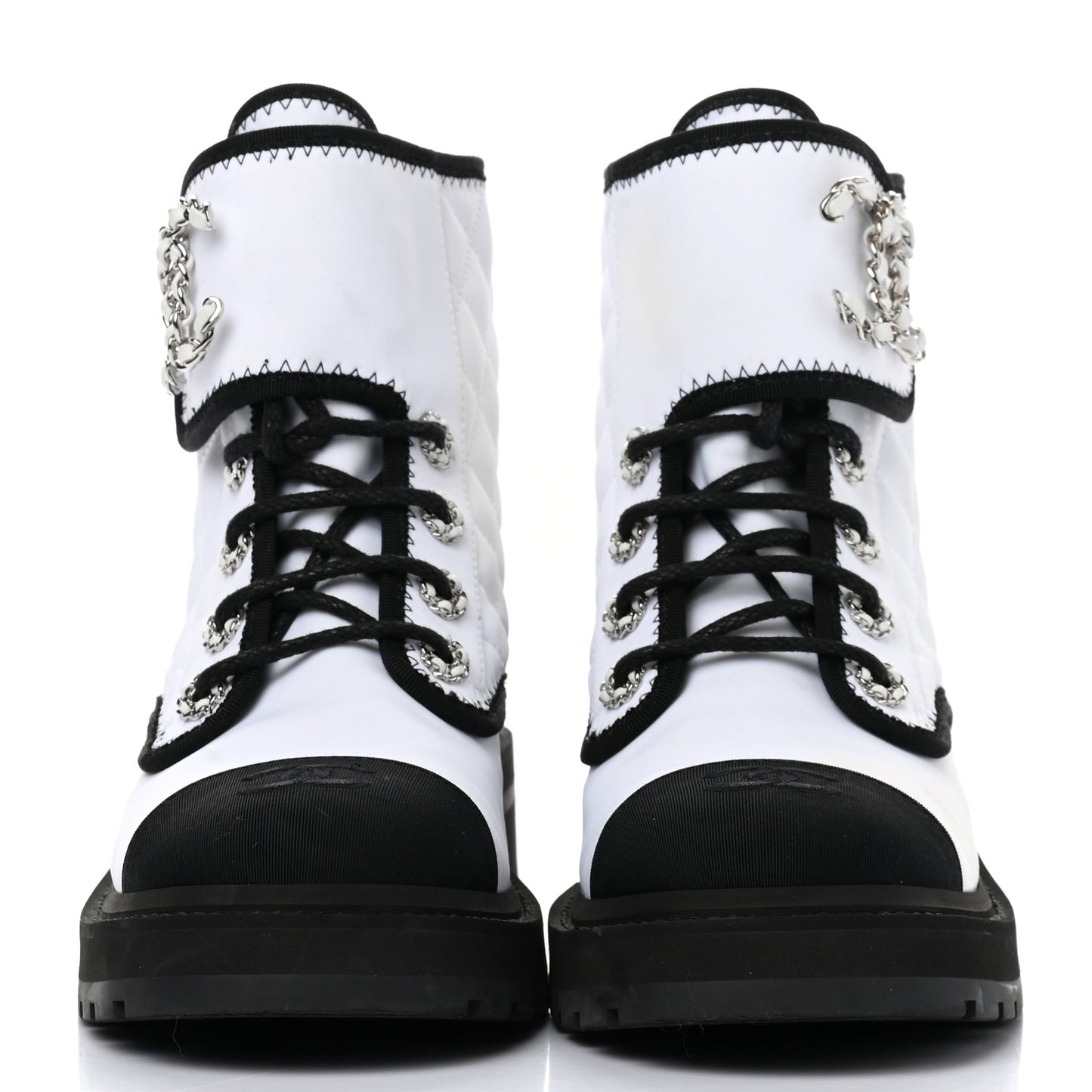 Shiny Goatskin Calfskin Quilted Lace Up Combat Boots 37.5 White Black