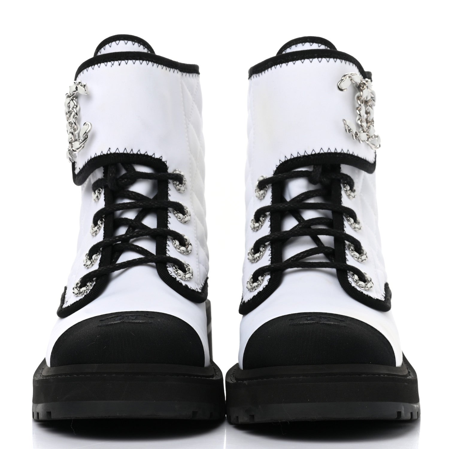 Chanel Shiny Goatskin Calfskin Quilted Lace Up Combat Boots 37.5 White Black 2 of 8
