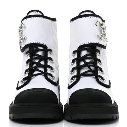 Chanel Shiny Goatskin Calfskin Quilted Lace Up Combat Boots 37.5 White Black 2 of 8