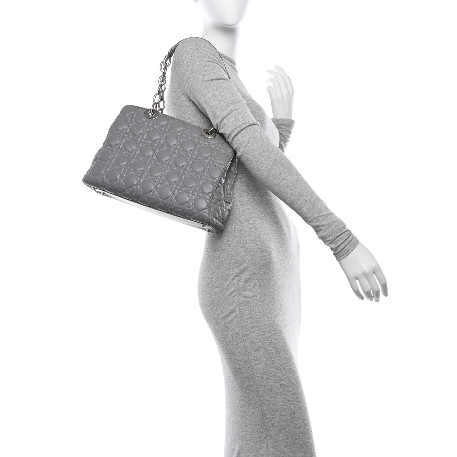 Christian Dior CHRISTIAN DIOR Lambskin Cannage Small Dior Soft Zipped Shopping Tote Grey 2 of 14