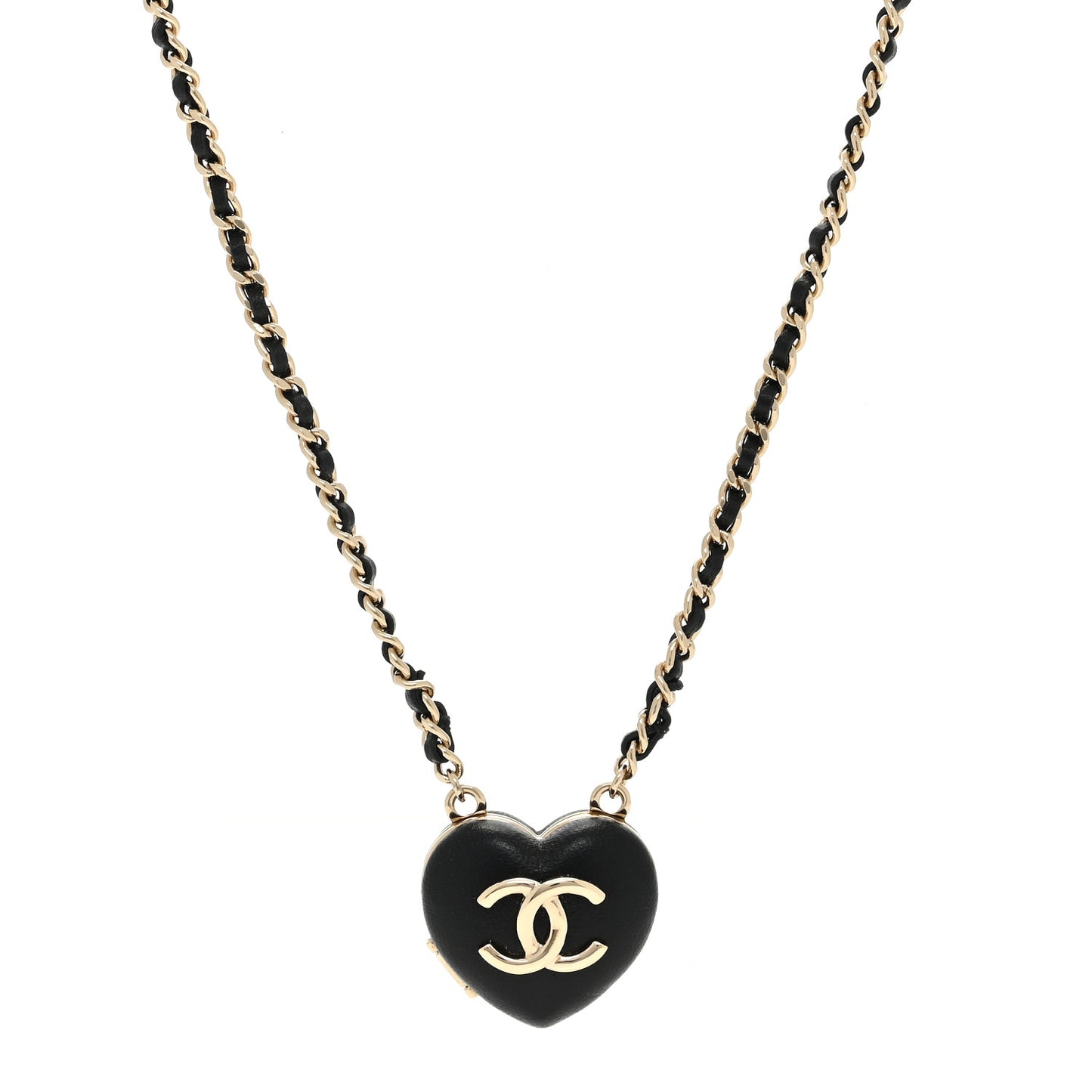 Lambskin CC Heart Mirror Locket Necklace Gold Black