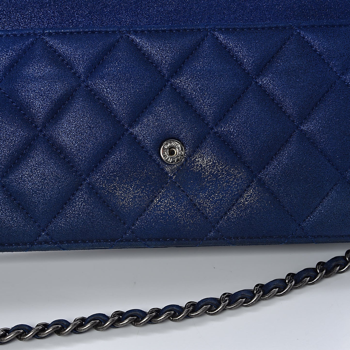 Iridescent Calfskin Quilted Wallet on Chain WOC Blue