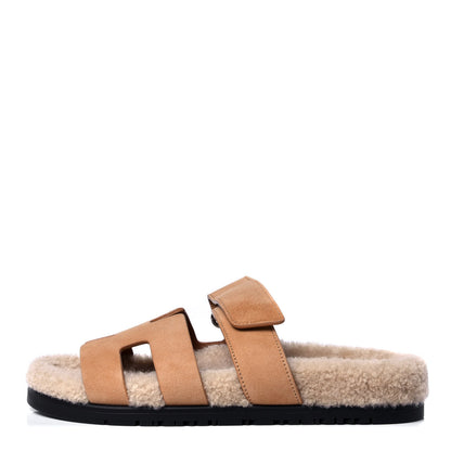Hermes Suede Goatskin Woolskin Womens Chypre Sandals 37.5 Golden Beige 1 of 6