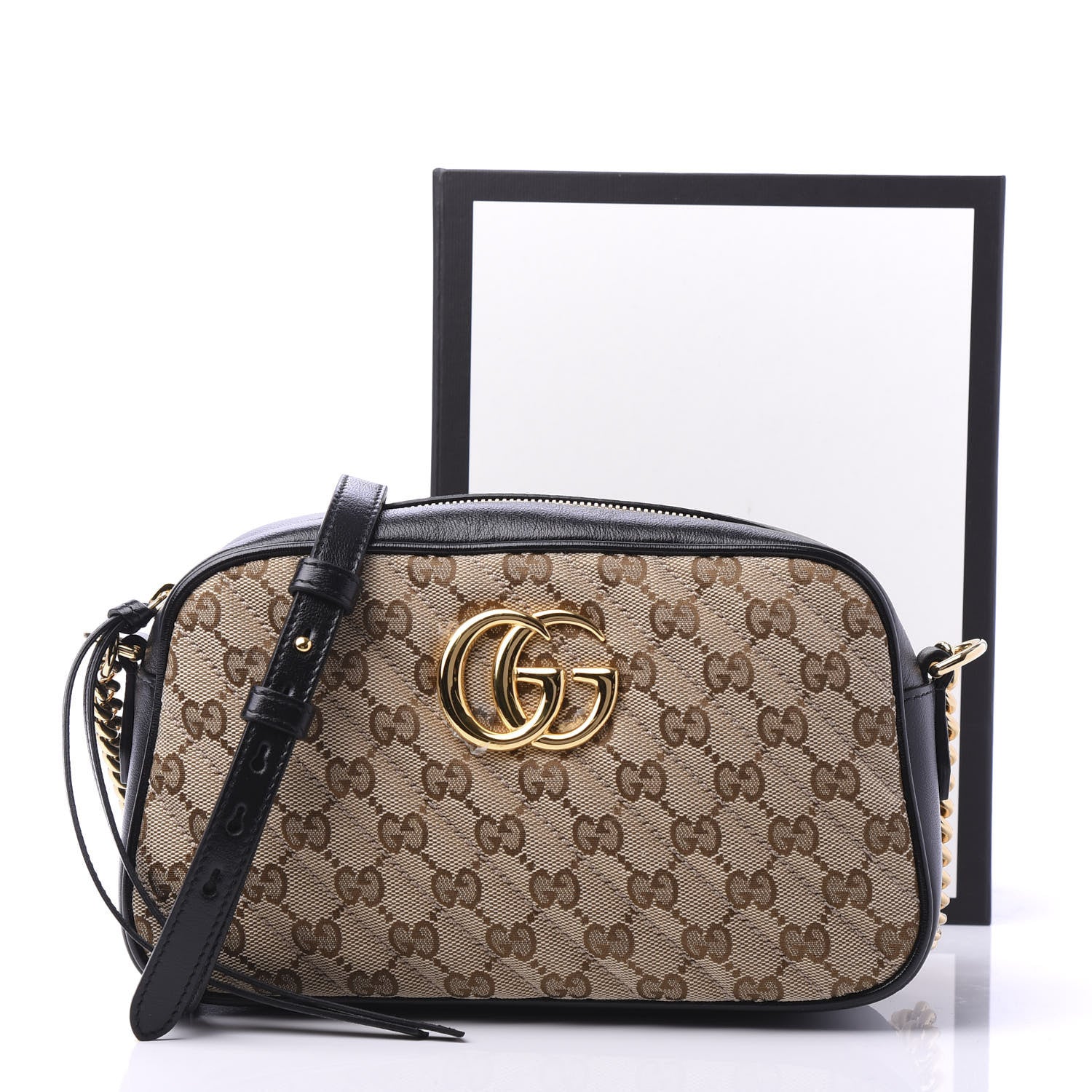 Gucci Monogram Matelasse Diagonal Small GG Marmont Chain Shoulder Bag Beige Black 11 of 11