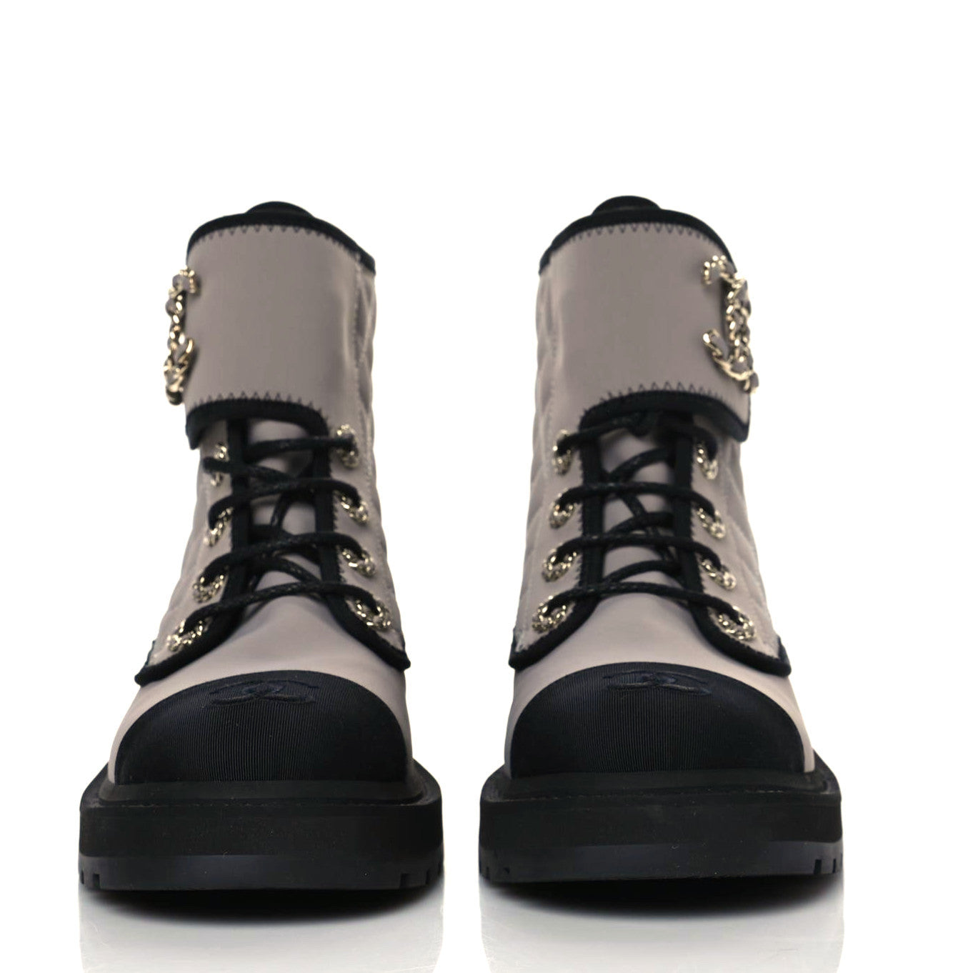 Chanel Fabric Grosgrain Quilted Cap Toe Lace Up Combat Boots 38.5 Gray 2 of 8