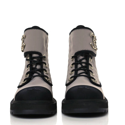 Chanel Fabric Grosgrain Quilted Cap Toe Lace Up Combat Boots 38.5 Gray 2 of 8