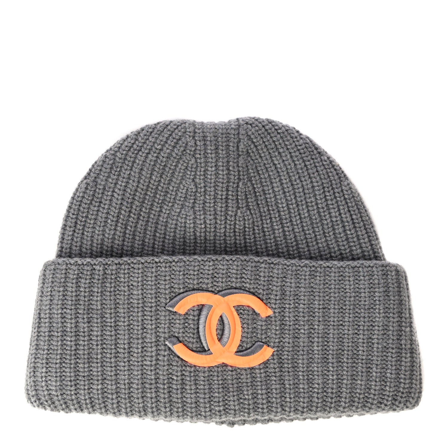 Chanel Wool Cashmere CC Beanie Hat Grey Orange 1 of 9