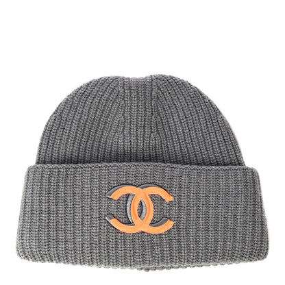 Chanel Wool Cashmere CC Beanie Hat Grey Orange 1 of 9