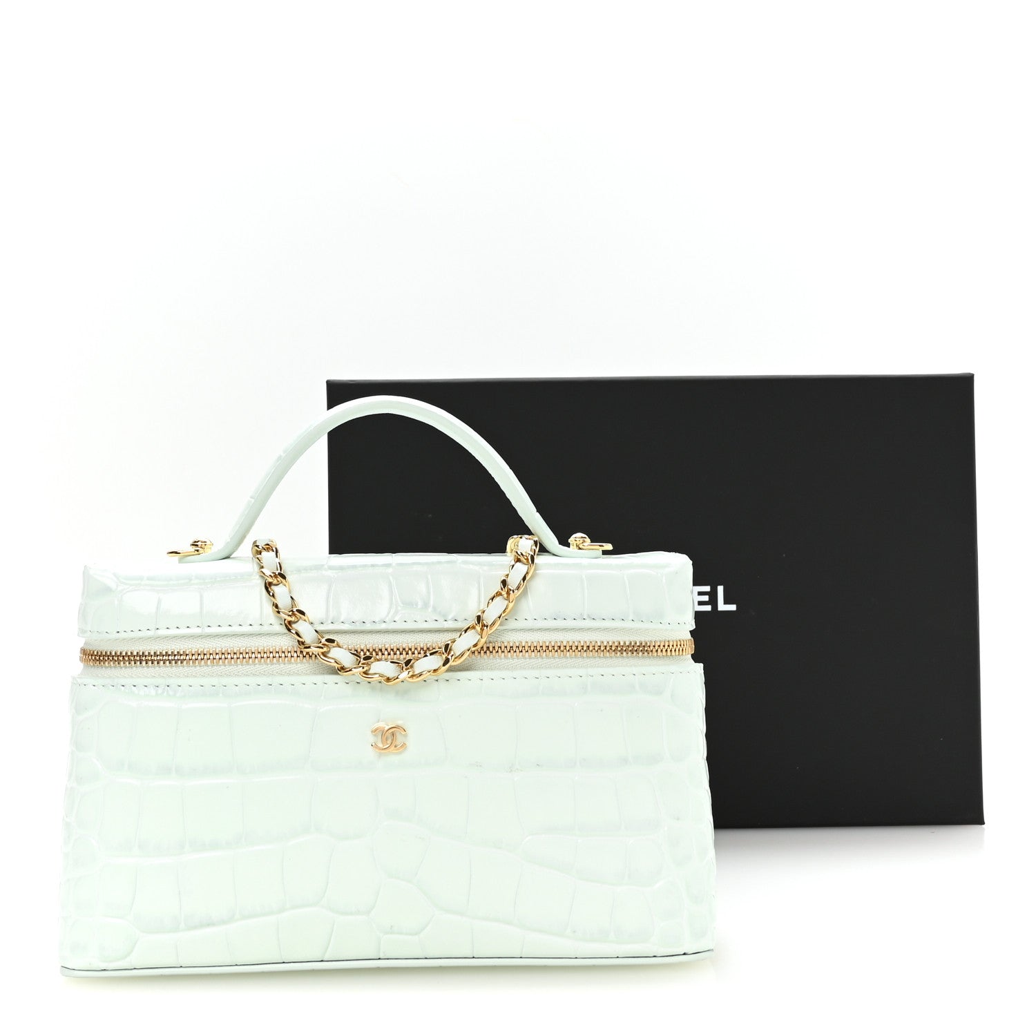 Chanel Calfskin Crocodile Embossed Crococo Top Handle Slim Vanity Case With Chain Light Blue 11 of 11