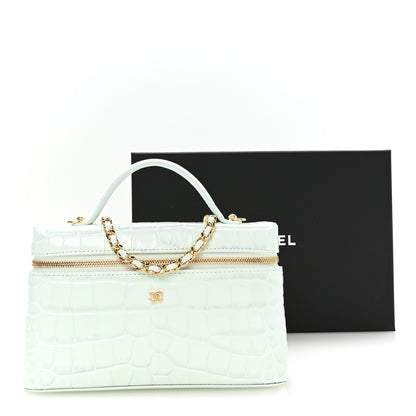 Chanel Calfskin Crocodile Embossed Crococo Top Handle Slim Vanity Case With Chain Light Blue 11 of 11