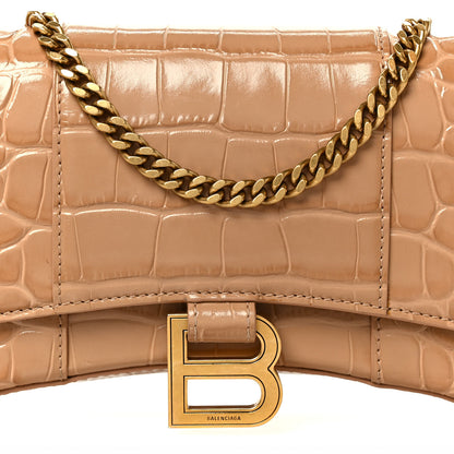 Balenciaga Shiny Calfskin Crocodile Embossed Hourglass Chain Bag Nude Beige 9 of 11