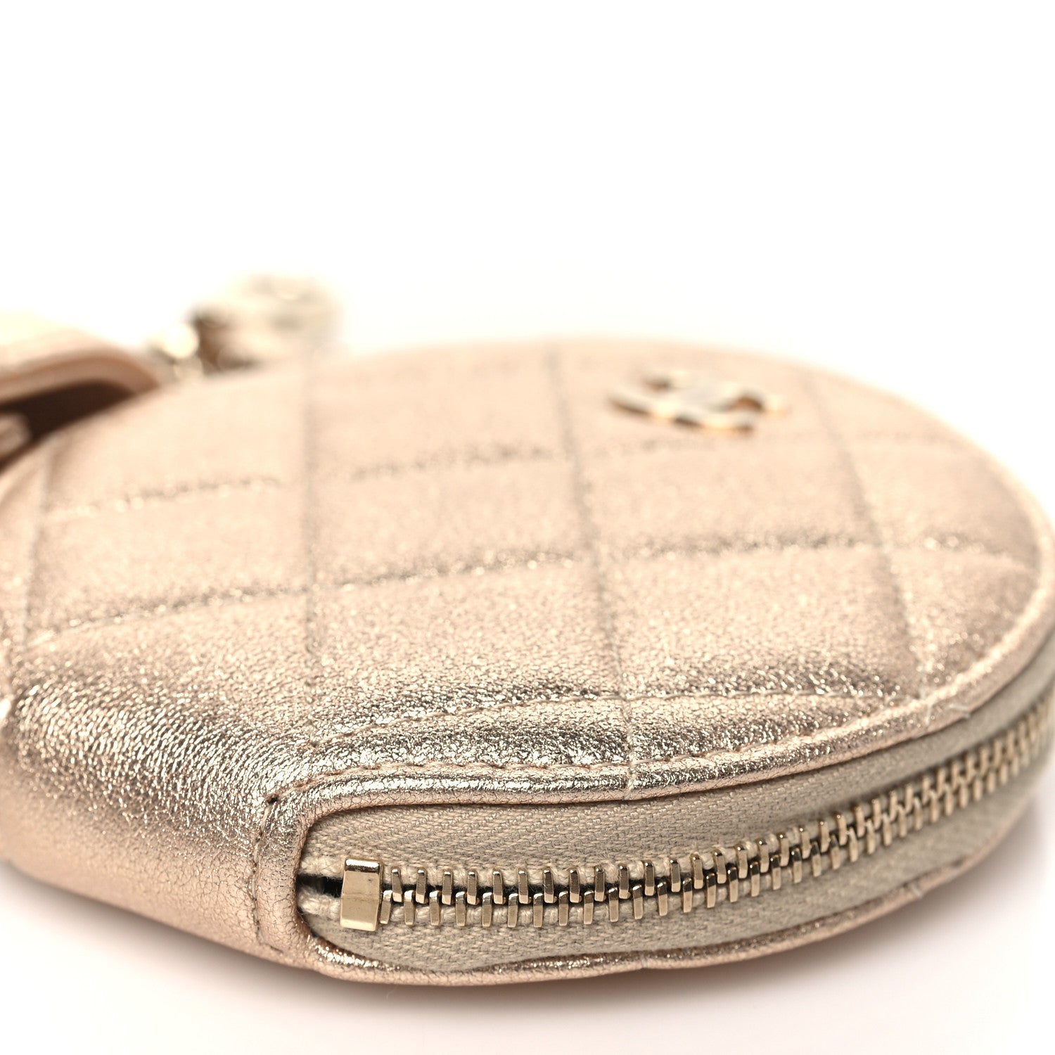 Chanel Metallic Lambskin Quilted Round Clip On Coin Purse Airpods Case Gold 11 of 12