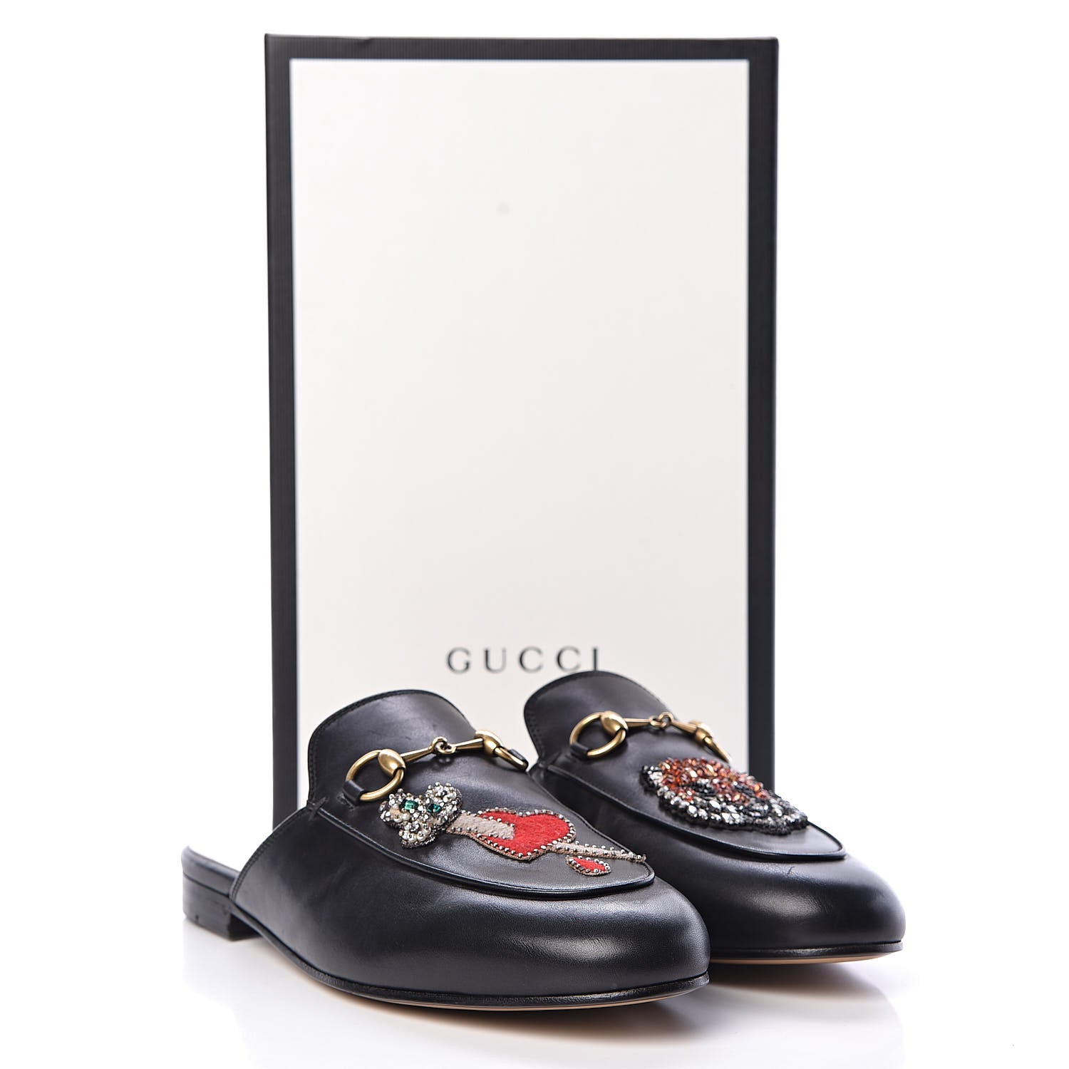 Gucci Calfskin Crystal Tiger Embroidered Womens Princetown Slippers 37 Black 10 of 10