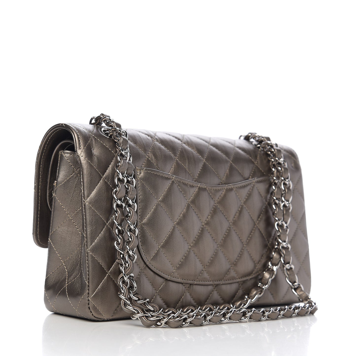 Metallic Calfskin Quilted Medium Double Flap Dark Silver