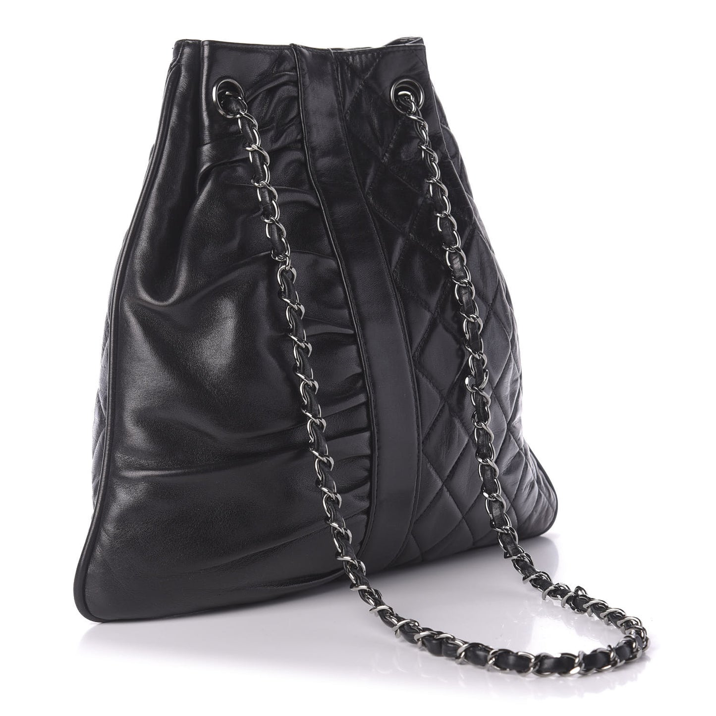 Lambskin Quilted Pile Ou Face Drawstring Bag Black