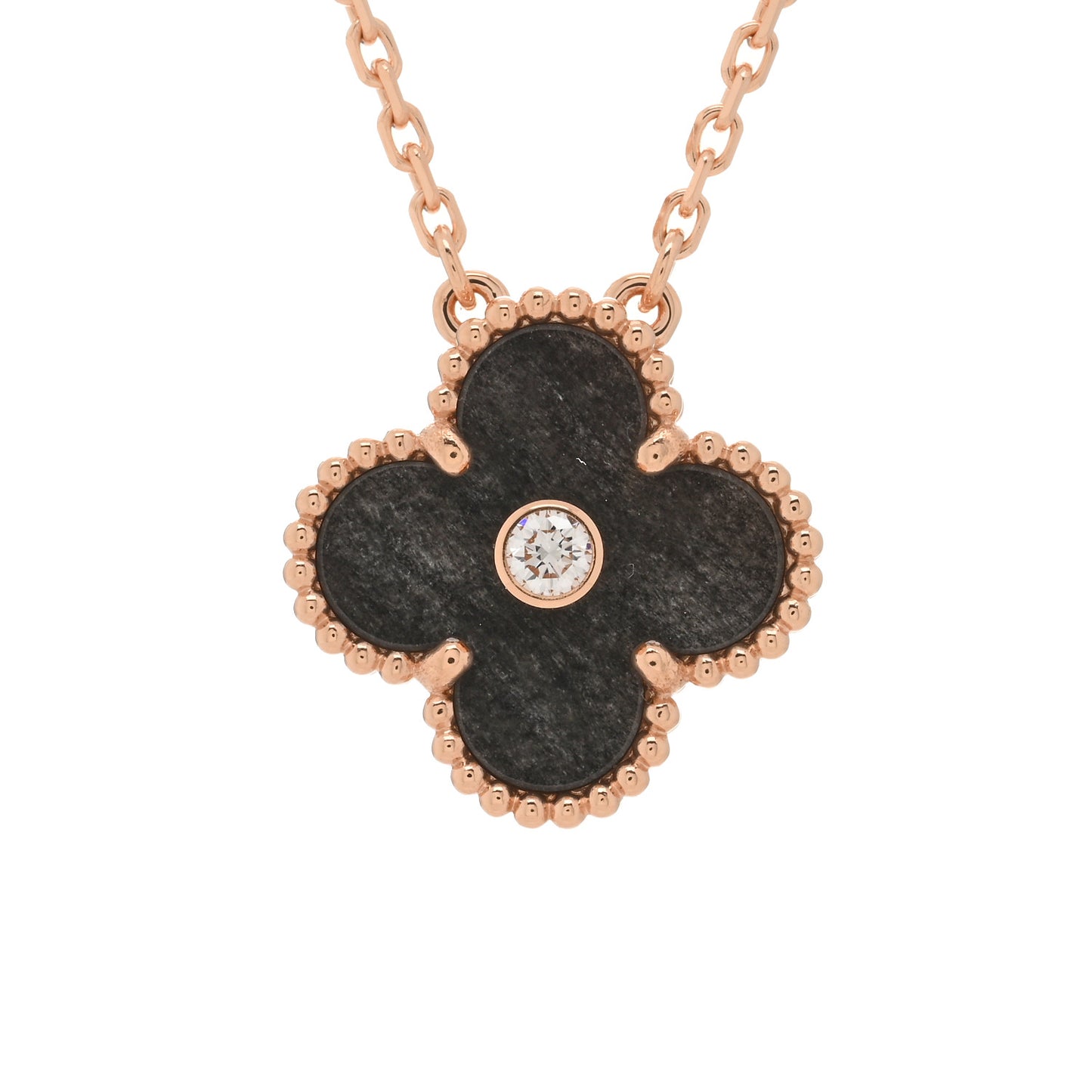18K Rose Gold Diamond Silver Obsidian Vintage Alhambra Pendant Necklace