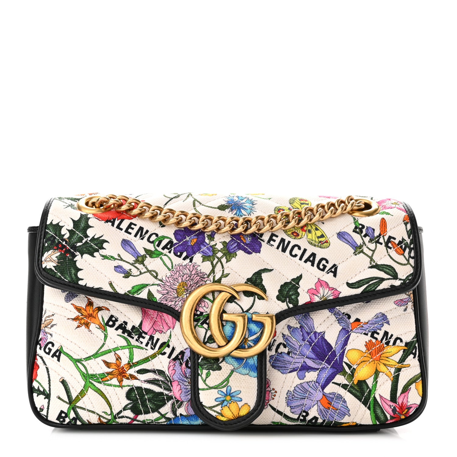 Gucci X BALENCIAGA Canvas Flora Logo Print Diagonal Matelasse Small GG Marmont Shoulder Bag White 1 of 10