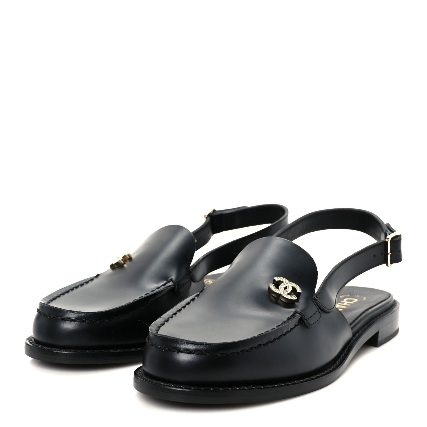 Calfskin Crystal Slingback Loafers 36 Black
