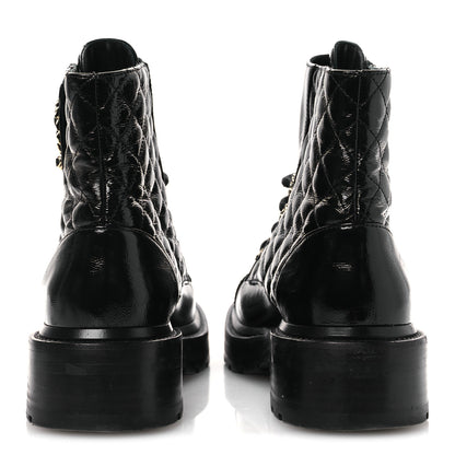 Chanel Shiny Calfskin Quilted Lace Up Combat Boots 37 Black 11 of 28