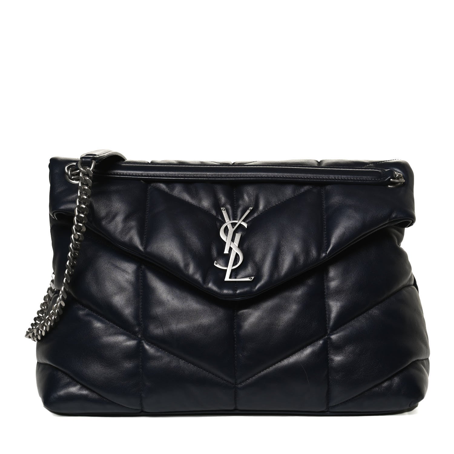Saint Laurent Lambskin Quilted Medium Loulou Puffer Monogram Chain Satchel Navy 1 of 12