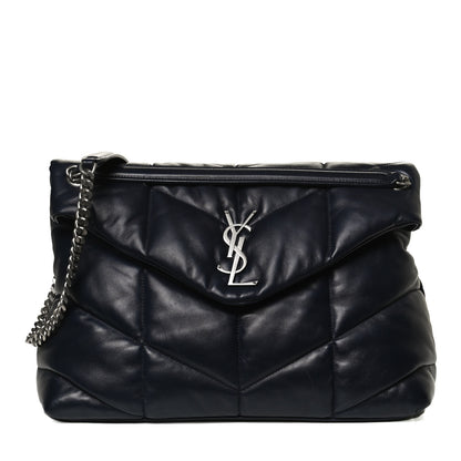 Saint Laurent Lambskin Quilted Medium Loulou Puffer Monogram Chain Satchel Navy 1 of 12