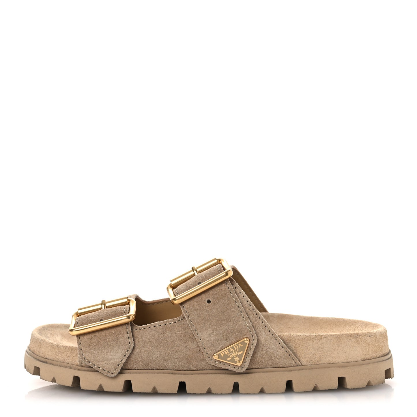 Suede Metal Triangle Logo Womens Double Buckle 20mm Slide Sandals 37 Ecru