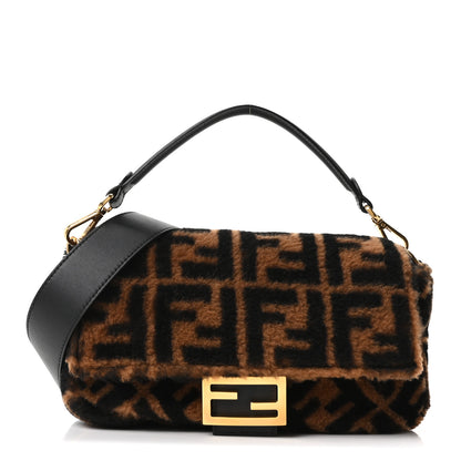 Fendi Shearling Vitello Dolce Macro FF 1974 Baguette Tobacco Black 1 of 10