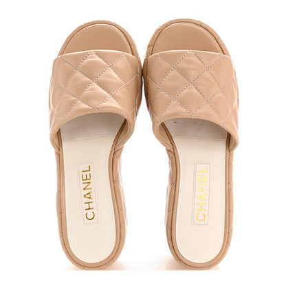 Chanel Lambskin Quilted Camelia CC Wedge Sandal Mules 38.5 Beige 2 of 10