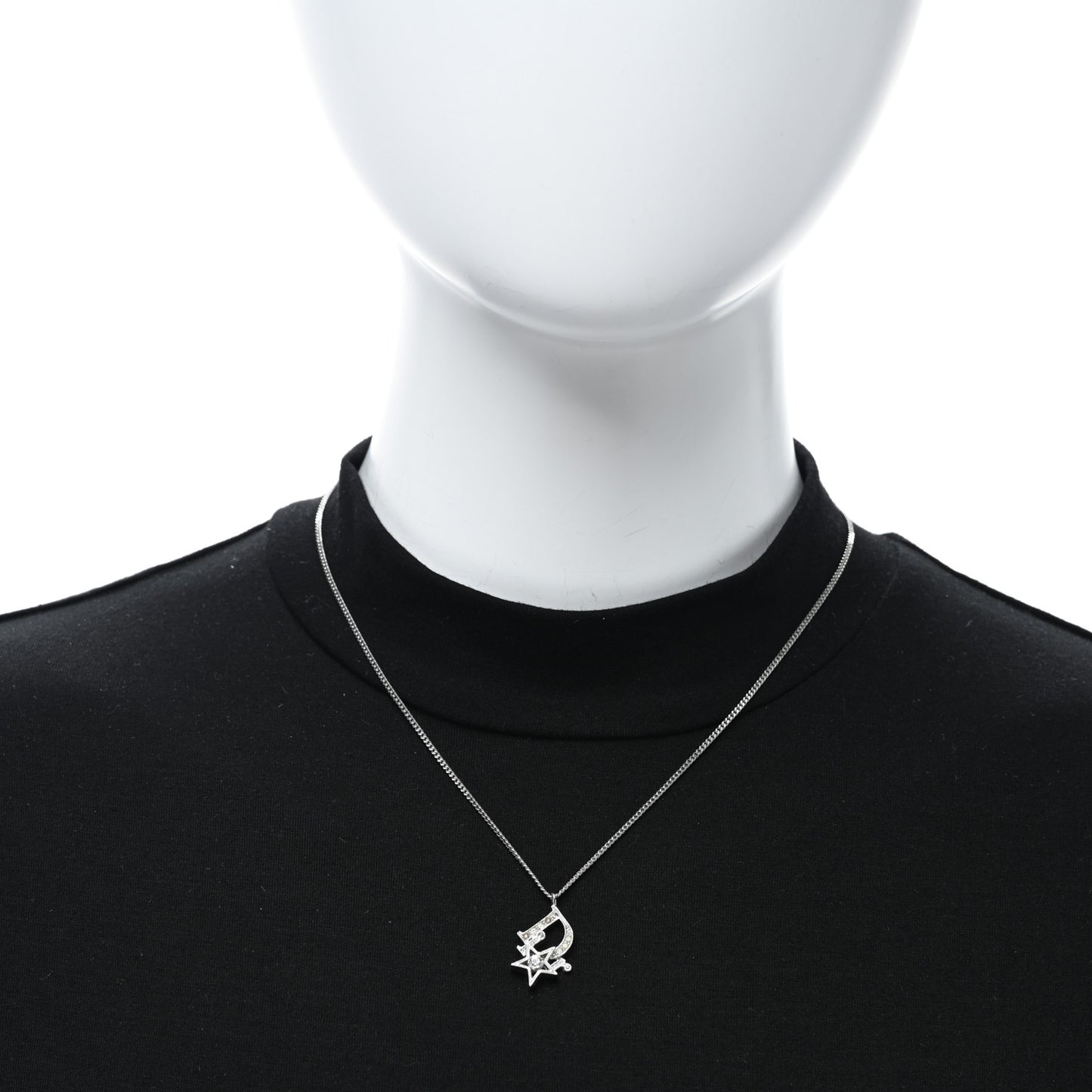 CHRISTIAN DIOR Crystal Logo Star Necklace Silver