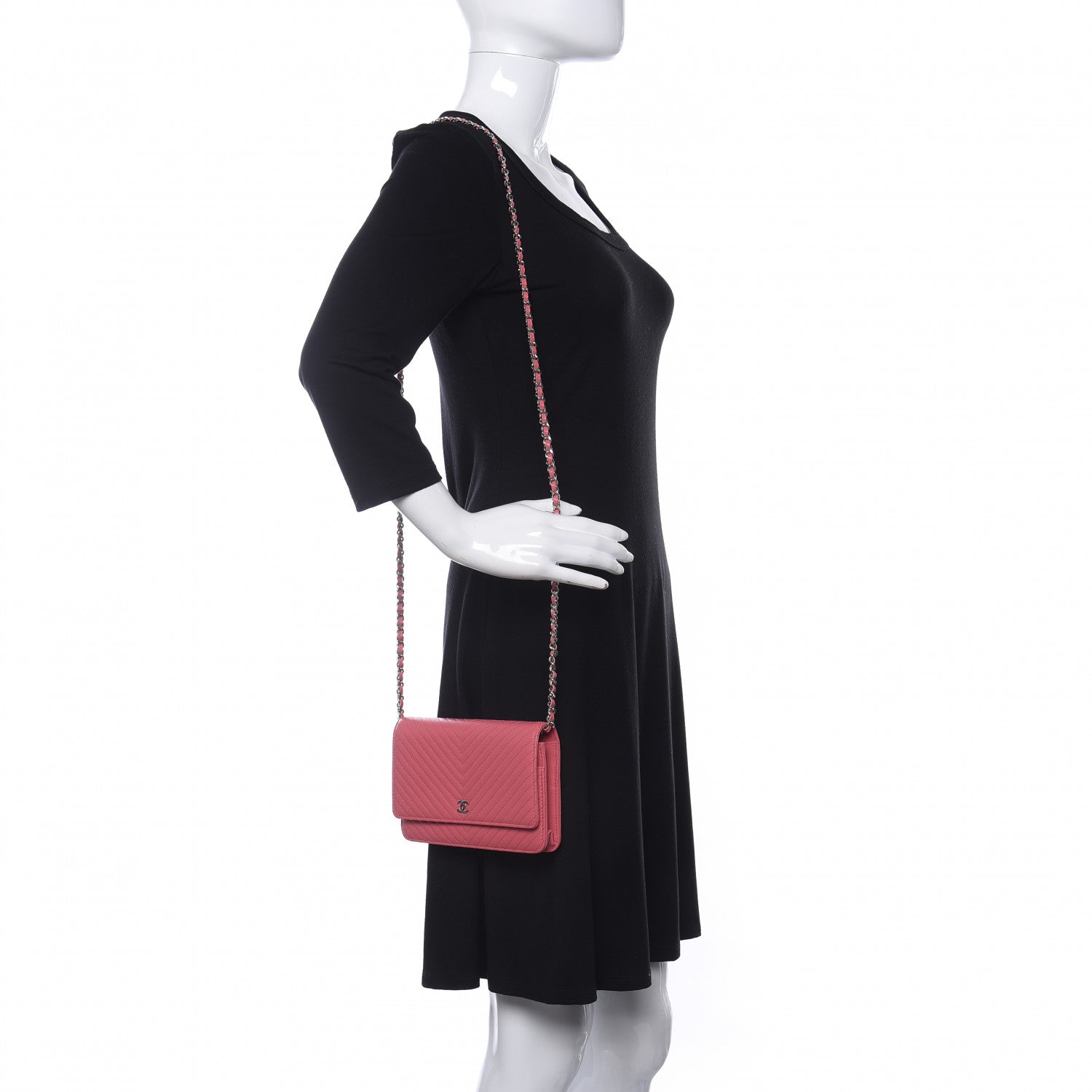 Chanel Caviar Chevron Quilted Wallet On Chain WOC Pink 2 of 13