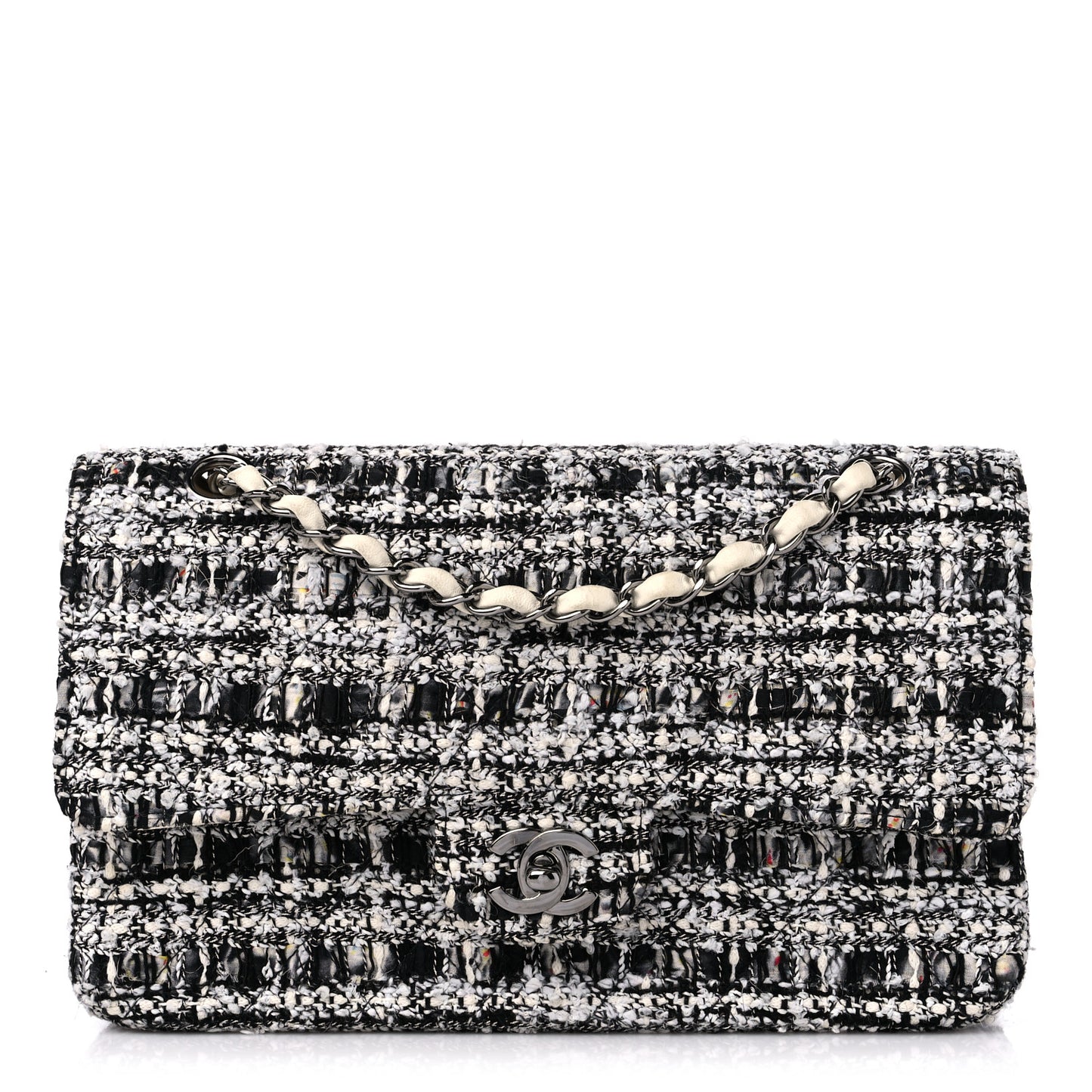 Tweed Quilted Medium Double Flap Black White Ecru
