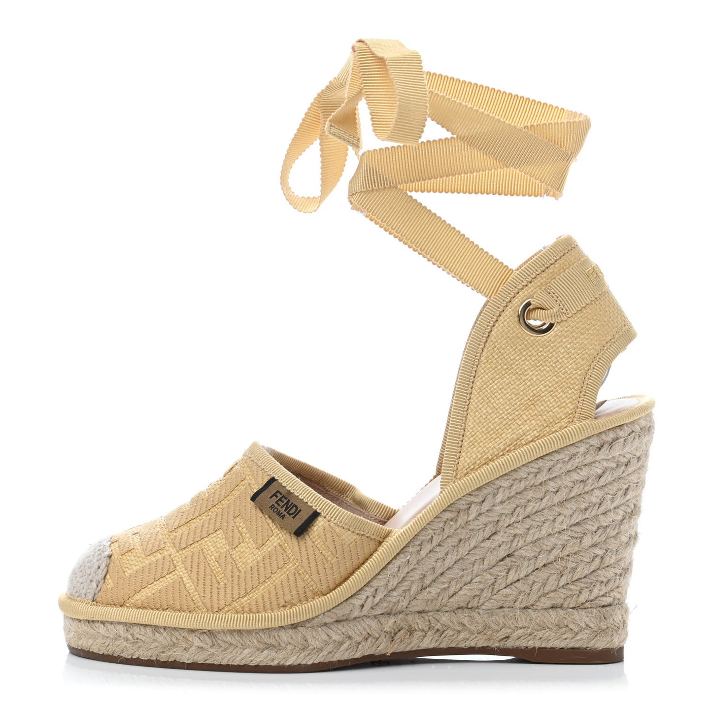 Rafia FF Embroidered Roma Ankle Wrap Espadrille Wedges 36 Natural