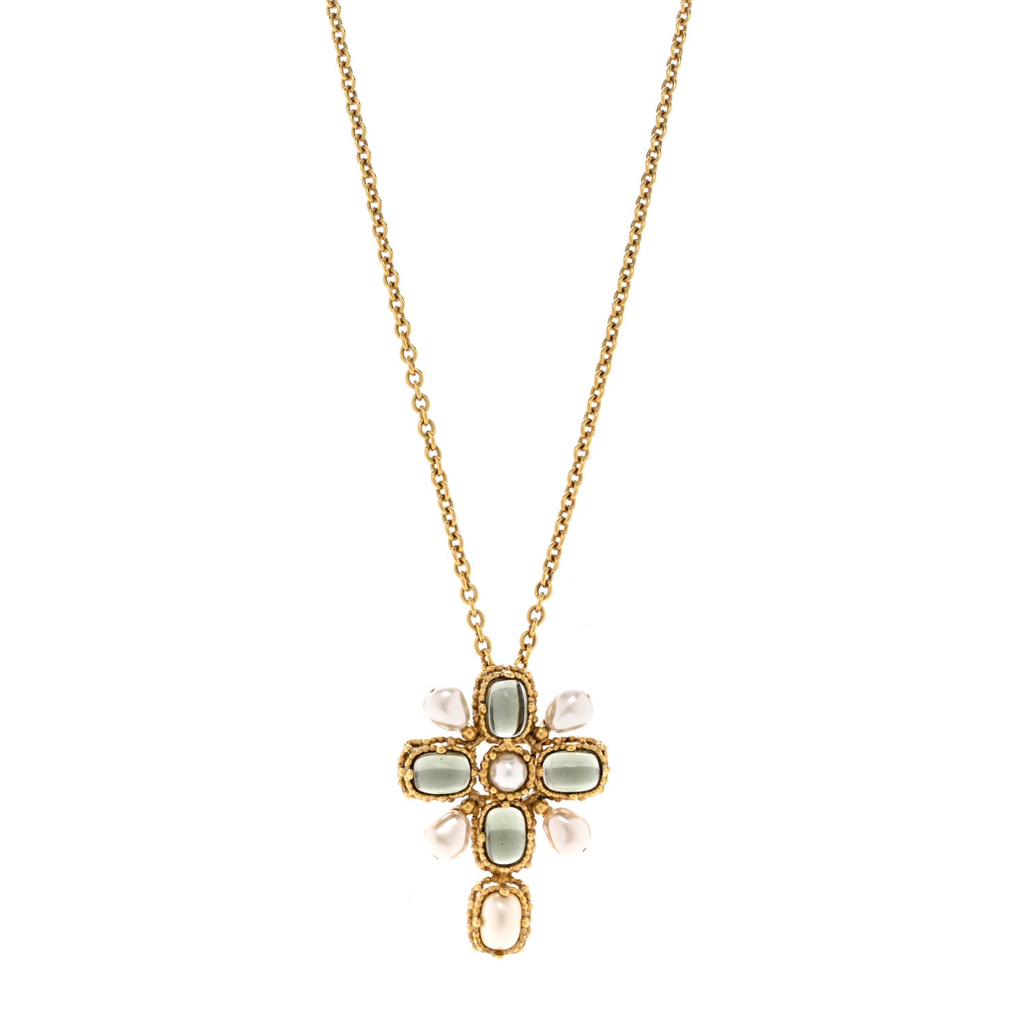 Crystal Pearl Cross Pendant Necklace Gold