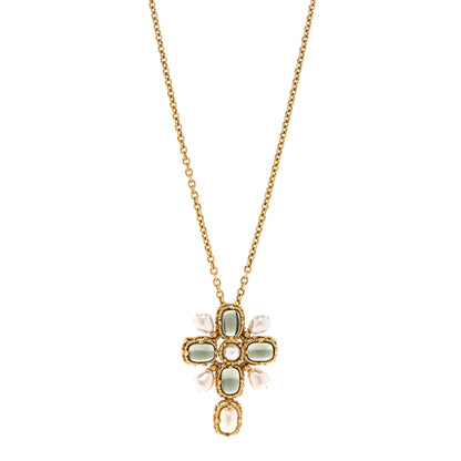 Saint Laurent Crystal Pearl Cross Pendant Necklace Gold 1 of 6