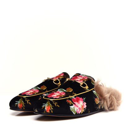 Gucci Velvet Fur Floral Womens Princetown Slippers 41.5 Black 3 of 10