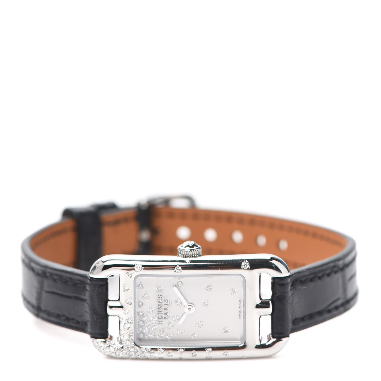 Hermes Stainless Steel Alligator Diamond 17mm Nantucket Jete De Diamants Quartz Watch Noir 2 of 5