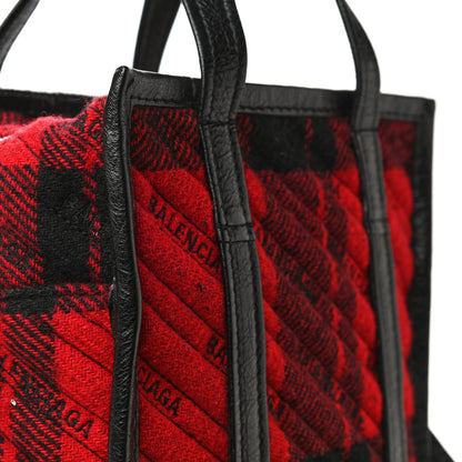 Balenciaga Wool Cuir Arena Plaid Diagonal Allover Logo Matelasse XS Bazar Shopper Tote Red Black 11 of 12