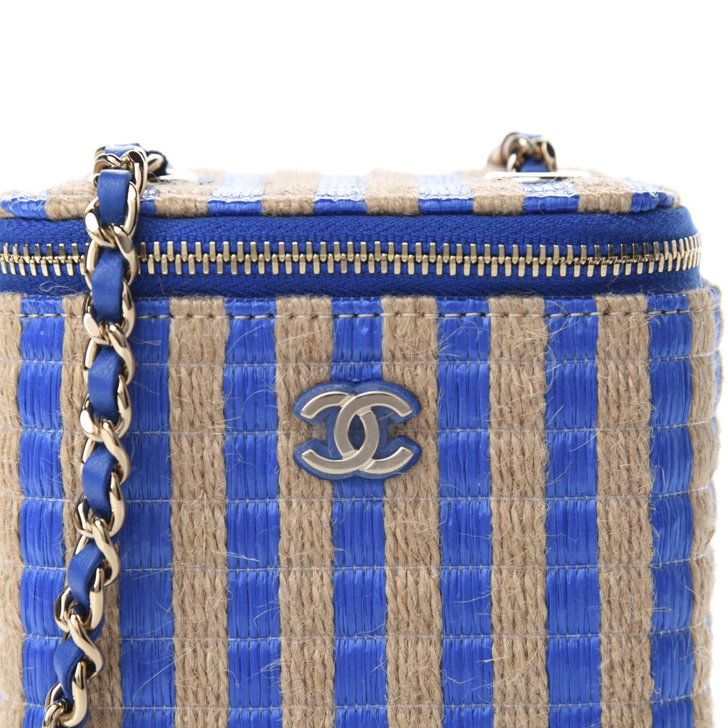 Raffia Jute Striped Mini Vanity Case With Chain Blue Beige