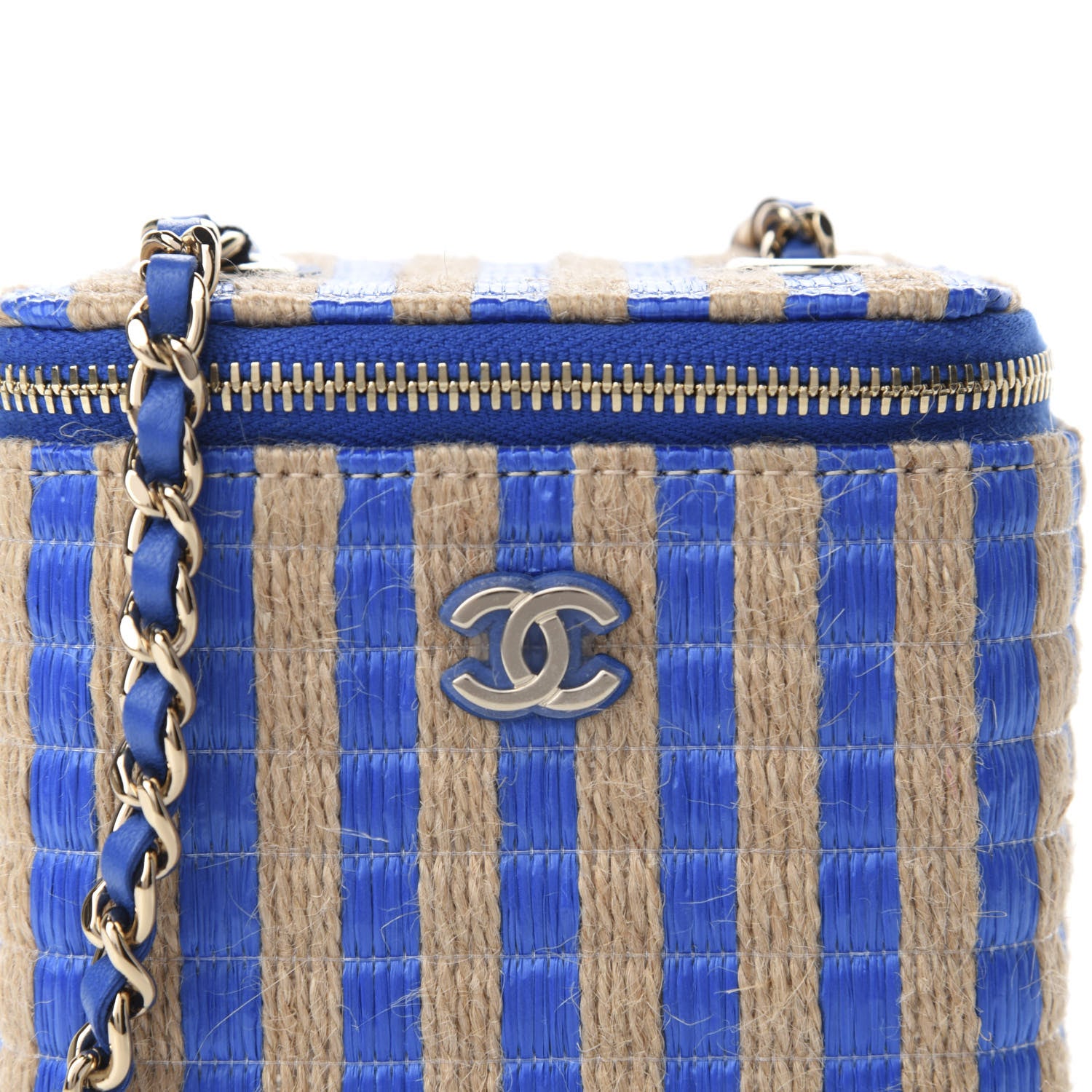 Chanel Raffia Jute Striped Mini Vanity Case With Chain Blue Beige 10 of 11