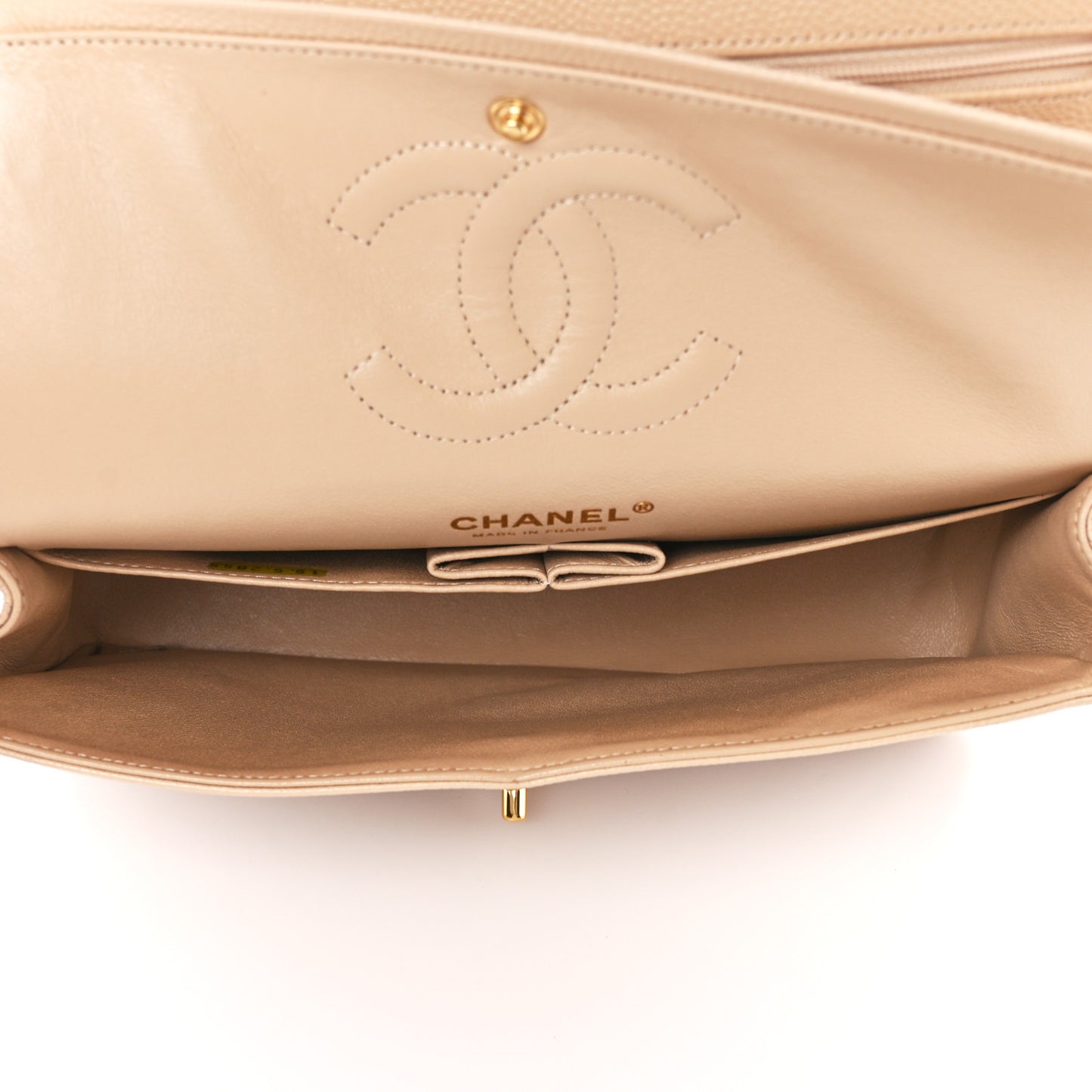 Caviar Quilted Medium Double Flap Beige