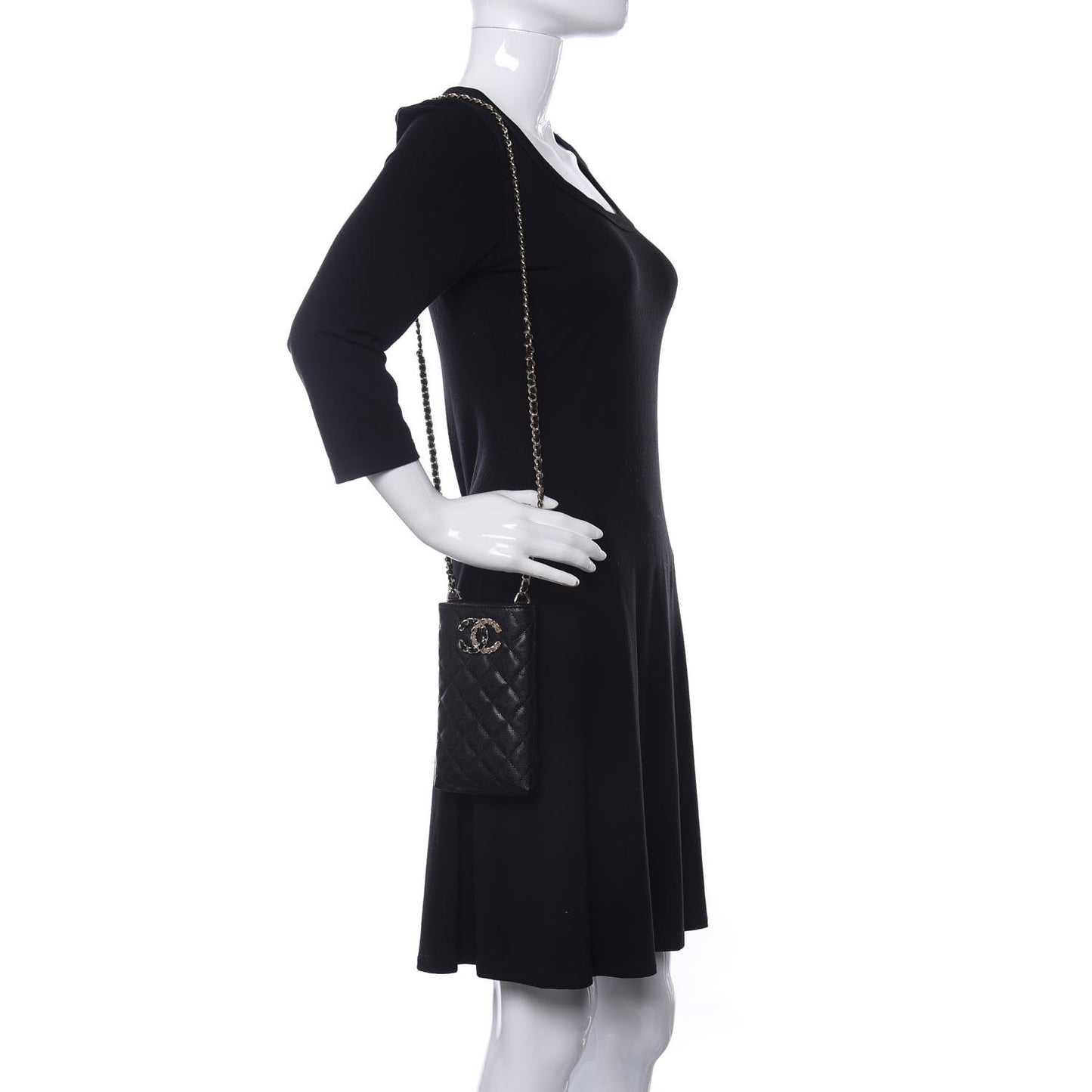 Caviar Quilted French New Wave Phone Holder With Chain Black