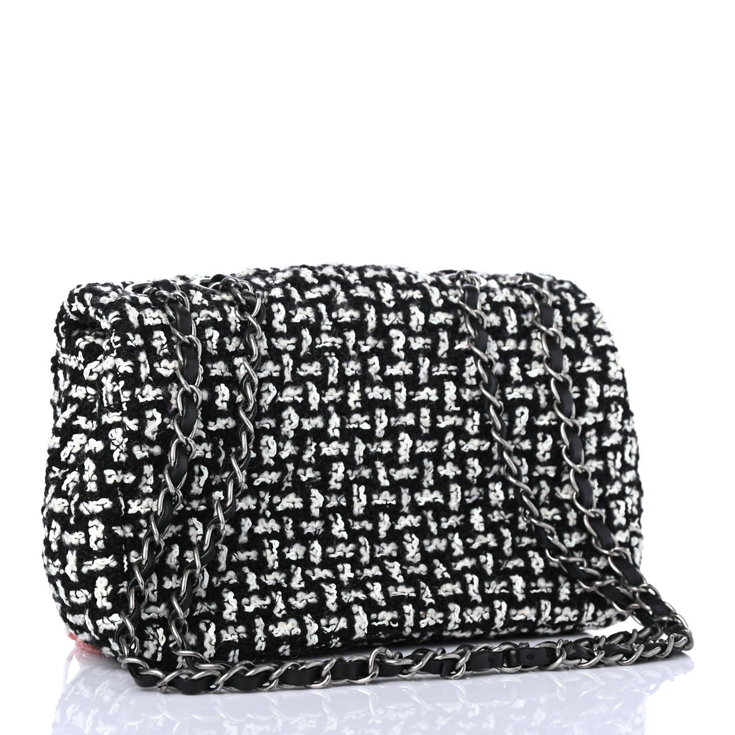 Tweed Beaded Fringe Flap Black White