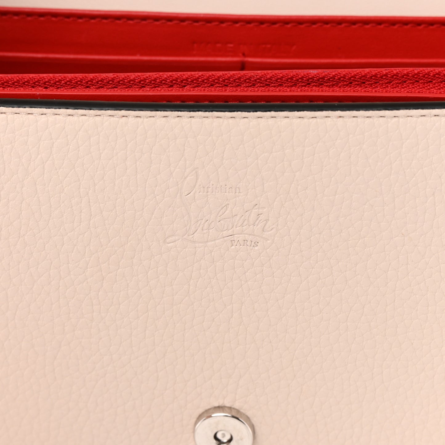 Grained Calfskin Spikes Loubinthesky Paloma Clutch Leche