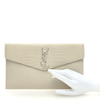 Saint Laurent Calfskin Crocodile Embossed Uptown Monogram Clutch Porcellana 2 of 7