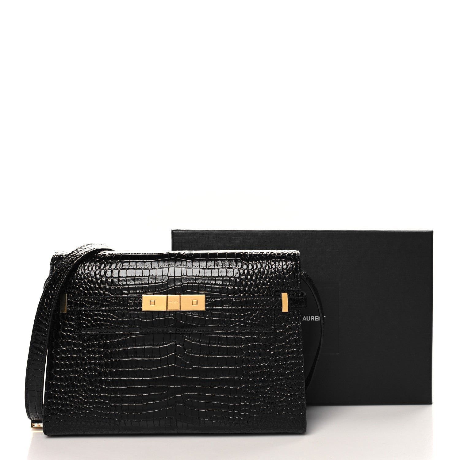 Saint Laurent Shiny Calfskin Crocodile Embossed Manhattan Baguette Black 12 of 12